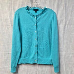 Lands’ End Women's Turquoise Ruffle Trim Cardigan Sweater Supima Cotton Medium
